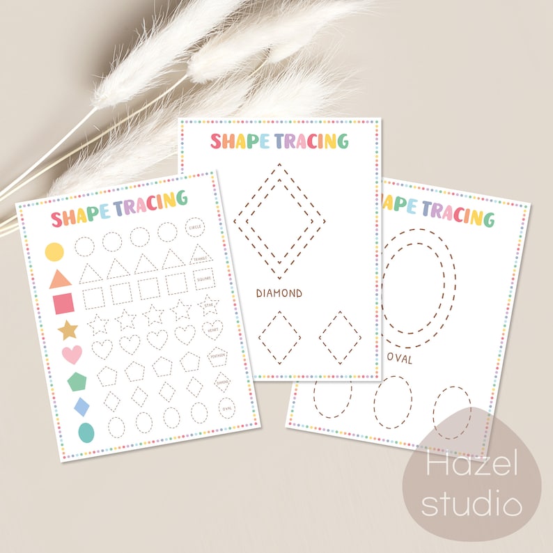 May include: Three printable worksheets for children to practise tracing shapes. The worksheets feature a variety of shapes, including circles, triangles, squares, stars, hearts, diamonds, and ovals. The worksheets are labelled "Shape Tracing" and "Ape Tracing".