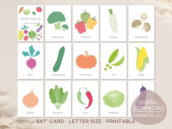 Vegetables Flash Cards, Learning Cards, Montessori Materials, Homeschool Printables, Digital Download