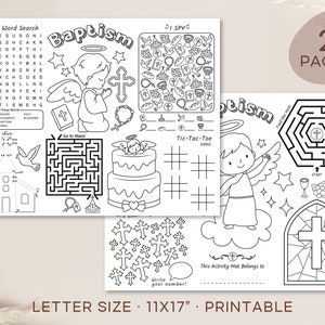Könnte beinhalten: Ein druckbares Aktivitätsbuch für Kinder mit einer Schwarzweißillustration zum Thema Taufe. Das Buch enthält ein Suchwort, ein Labyrinth, ein Tic-Tac-Toe-Spiel und eine Malvorlage. Das Buch ist im Format Letter, 11x17 Zoll.