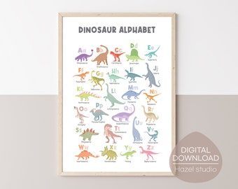 Plakat z alfabetem dinozaurów: Tęczowe ABC Montessori Art (do pobrania w wersji cyfrowej)