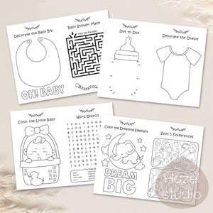 Op de afbeelding: Een printbaar babyborrel-activiteitenboekje met zwart-wit illustraties. De pagina's bevatten activiteiten zoals een woordzoeker, stippen verbinden, de kleine baby inkleuren, de dromende olifant inkleuren, 5 verschillen vinden, de baby-slabbetje versieren en de romper versieren. De tekst op de pagina's bevat "OH! BABY", "DREAM BIG" en "Find the Pacifier".