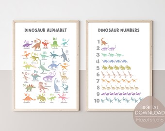Alfabeto y números de dinosaurios: Aprendizaje Montessori (Descarga digital)