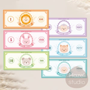 May include: Set of five colorful play money bills featuring different animals. The bills are labeled with the amounts: $1, $5, $10, $20, $50, and $100.