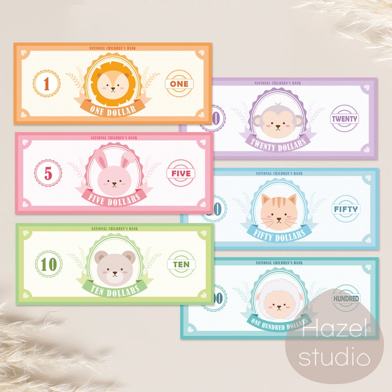 May include: Set of five colorful play money bills featuring different animals. The bills are labeled with the amounts: $1, $5, $10, $20, $50, and $100.