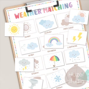 May include: A colorful weather matching game with illustrations of different weather conditions, including sunny, cloudy, partly cloudy, windy, stormy, rainy, hail, snowy, rainbow, and lightning. The game is designed for children to learn about different types of weather.
