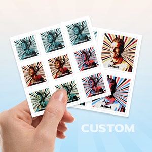 Sticker photo personnalisé, Stickers portrait personnalisés, Sticker texte personnalisé, cadeau portrait personnalisé, Sticker timbres-poste personnalisé