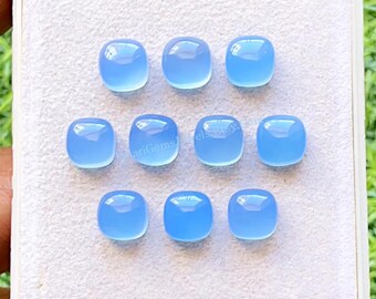 Blue Chalcedony 8 MM Cushion Shape Smooth Cabochon Gemstone 10 Pieces Lot, AAA+ Natural Chalcedony With Flat Back For Jewelry Making