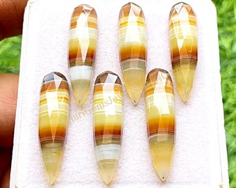 Yellow Banded Agate 8X31 MM Pear Shape Rose Cut Gemstone 6 Pieces Lot, AAA+ Natural Banded Agate With Flat Back For Jewelry Making