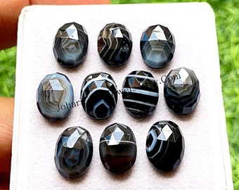 Black Banded Agate 10X14 MM Oval Shape Rose Cut Gemstone 10 Pieces Lot, AAA+ Natural Banded Agate With Flat Back For Jewelry Making