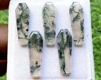 Moss Agate Long Coffin Shape Rose Cut With Flat Back Gemstone 5 Pieces Lot | Size : 10X31 MM | AAA+ Moss Agate Used For Jewelry Making