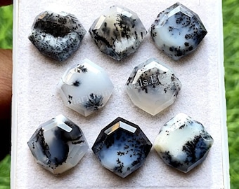 New Dendritic Opal Fancy Cushion Step Cut Loose Gemstone 8 Pieces Lot | Size : 14 MM | Dendritic Opal Flat Back Gemstone For Jewelry Making