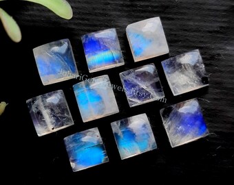 Top Rainbow Moonstone Cabochon 6 MM Square Gemstone 10 Pieces Lot | AAA+ Natural Rainbow Moonstone Square With Flat Back For Jewelry Making