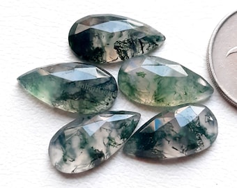 Moss Agate 20x10mm Pear Shape Rose Cut - Moss Agate Rose Cut Flat Back Gemstone 6 Pieces Lot For Jewelry Making, Pendant, Ring