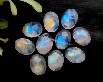 Rainbow Moonstone Rose Cut 6X8 MM Gemstone 10 Pieces Lot | AAA+ Natural Rainbow Moonstone Rose Cut For Jewelry Making