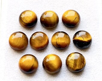 Tiger Eye Round Shape Cabochon Calibrated Gemstone 10 Pieces Lot | Size : 10 MM | AAA+ Tiger Eye With Flat Back For Handmade Jewelry