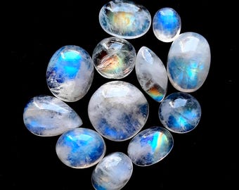 Selected Rainbow Moonstone Cabochon Gemstone 12 Pieces Lot, AAA+ Natural Rainbow Moonstone With Flat Back Gemstone For Jewelry Making 18678