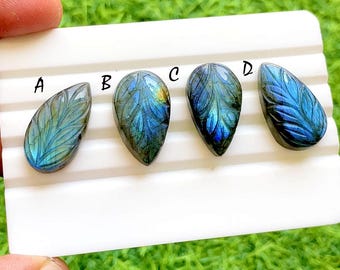 Hand Carved Blue Labradorite Loose Gemstone Cabochon, Mughal Art Carving Natural Gemstones, Carving Cabochon For Jewelry Making -38313-38316