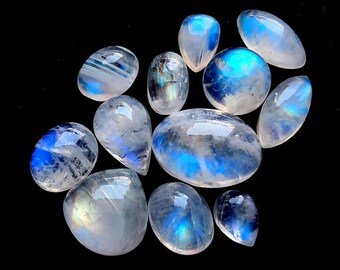 Selected Rainbow Moonstone Cabochon Gemstone 12 Pieces Lot, AAA+ Rainbow Moonstone With Flat Back Gemstone Cabochon For Jewelry Making 18689