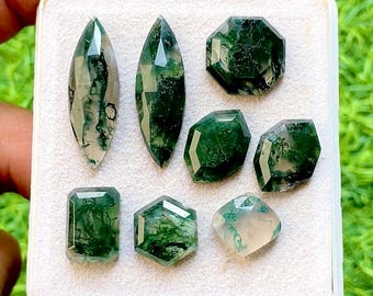 Moss Agate Fancy Cut Mix Shape With Flat Back Gemstone 8 Pieces Lot For Jewelry Making | Size : 12-28 MM | AAA+ Natural Moss Agate Lot 34570