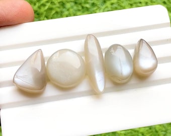 Grey Moonstone Cabochon Loose Gemstone 5 Pieces Lot | Size : 27-17 MM | AAA+ Natural Grey Moonstone For Handmade Jewelry And Wire Wrap 32892