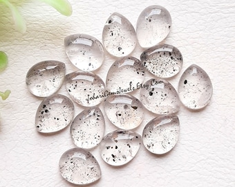 Black Dot Quartz Pear Shape 9X7 MM Calibrated Cabochon Gemstone 15 Pieces Lot, Natural Black Dot Quartz With Flat Back For Jewelry Making