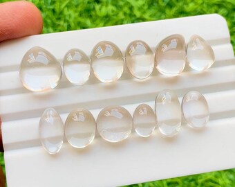 Himalayan Clear Quartz Cabochon Loose Gemstone 12 Pieces Lot For Jewelry Making | Size : 16-12 MM | Natural Clear Quartz For Jewelry - 30371