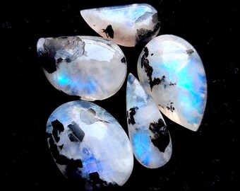 Rainbow Moonstone Cabochon With Black Tourmaline Dot 5 Pcs Lot | Size : 19-23 MM | AAA+ Natural Rainbow Moonstone For Jewelry Making - 19211
