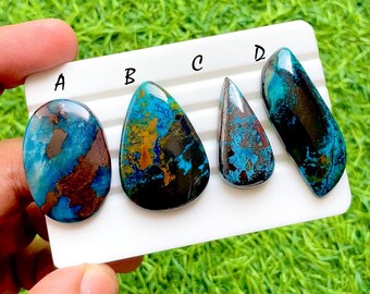 Deep Sea Azurite Chrysocolla Cabochons For Wire Wrap, Teal Blue & Copper Matrix Natural Gemstone Set For Artisan Jewelry Design -36269-36272