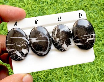 Obsidian Vein Eclipse Cabochon For Wire Wrap, Black & White Zebra Jasper Pear and Oval Natural Stone for Jewelry Making - 36089-36092