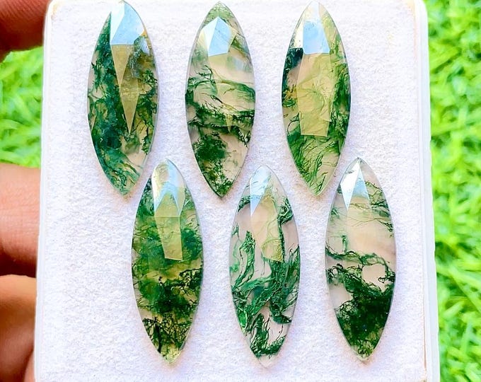 Featured listing image: Moss Agate 10X30 MM Rose Cut Marquise Shape With Flat Back Gemstone 6 Pieces Lot, AAA+ Natural Moss Agate Used For Handmade Jewelry