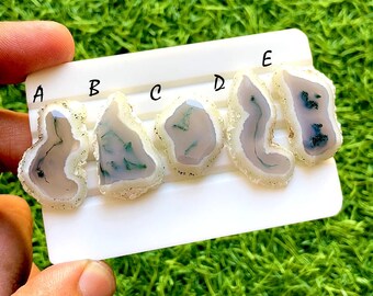 Forest Veil Moss Agate Slice Loose Cabochon, Natural Raw Edge Green Inclusion Stone, Organic Designer Gemstone For Jewelry - 37443-374447