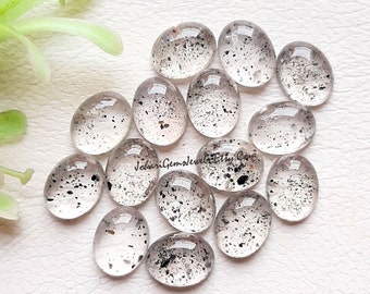 Black Dot Quartz Oval Shape 9X7 MM Calibrated Cabochon Gemstone 15 Pieces Lot, Natural Black Dot Quartz With Flat Back For Jewelry Making