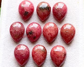 Selected RHODONITE 10x14 MM Pear Shape Smooth Cabochon Gemstone 10 Pieces Lot, Natural Rhodonite Pear With Flat Back For Handmade Jewelry