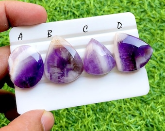 Royal Dream Chevron Amethyst Cabochon For Wire Wrap, Natural Purple & White Banded Teardrop Oval Gemstones for Jewelry Making - 35995-35998