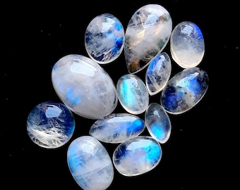 Selected Rainbow Moonstone Cabochon Gemstone 12 Pieces Lot, AAA+ Natural Rainbow Moonstone With Flat Back Gemstone For Jewelry Making 18679