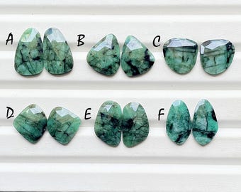 Natural Emerald Rose Cut Pair Loose Gemstone With Flat Back For Jewelry Making, AAA+ Emerald Gemstone Pair For Earrings - 26260-26265