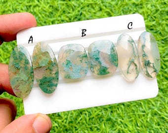 Moss Agate Pair Cabochon Loose Gemstone For Jewelry Making, AAA+ Natural Moss Agate Matching Pair Gemstone For Wire Wrap - 35064-35066