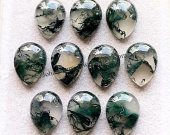 Moss Agate 10X14 MM Pear Shape Smooth Cabochon Gemstone 10 Pieces Lot, AAA+ Natural Moss Agate Pear Shape With Flat Back For Jewelry Making