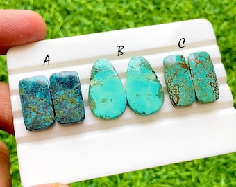 Tibetan Turquoise Pair Cabochon Loose Gemstone For Jewelry Making, AAA+ Natural Tibetan Turquoise Pair Cabochon For Earrings -  37581-37583