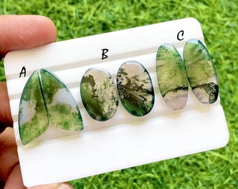 Forest Moss Agate Matching Pair For Jewelry Making, Rare Scenic Moss Agate Pair, High End Matching Gemstones For Earrings - 37350-37352