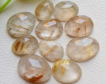Natural Golden Rutile Gemstone Rose Cut Slice - Golden Rutile Rose Cut Flat Back Gemstone 10 Pieces Lot For Jewelry Making, Pendant, Ring