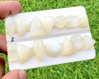 Moonveil Glow Moonstone Cabochon 7 Pieces Gemstone Lot For Jewelry Making, Milky White Mixed Shapes Cabochons For Rings - 35441-35442