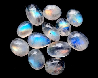 Selected Rainbow Moonstone Cabochon 12 Pieces Lot For Jewelry Making | Size : 9-12 MM | AAA+ Natural Rainbow Moonstone With Flatback - 28794