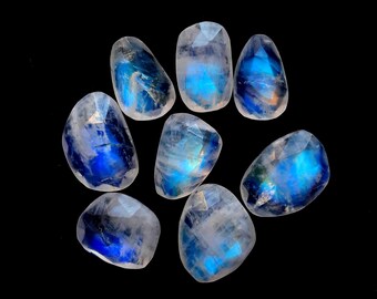Rainbow Moonstone Rose Cut Slice 8 Pieces Lot For Jewelry Making, AAA+ Natural Rainbow Moonstone Rose Cut With Flat Back Gemstone - 22774