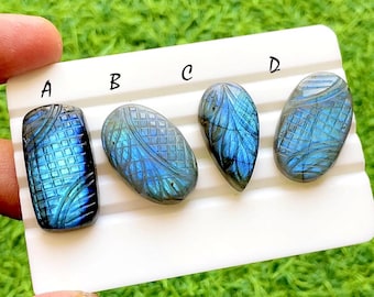 Hand Carved Blue Labradorite Loose Gemstone Cabochon, Mughal Art Carving Natural Gemstones, Carving Cabochon For Jewelry Making -38291-38294