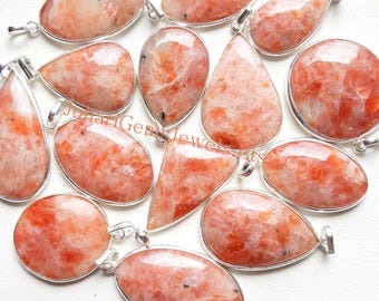 Natural Sunstone Gemstone Pendants, 925 Silver Plated Pendant Necklace With Different Size And Shape, Wholesale Lot, Handmade Pendant