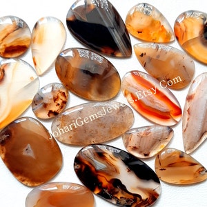 Puede incluir: Surtido de cabujones de ágata en varias formas y tamaños. Los cabujones presentan una mezcla de colores marrón, naranja y blanco con intrincados patrones.