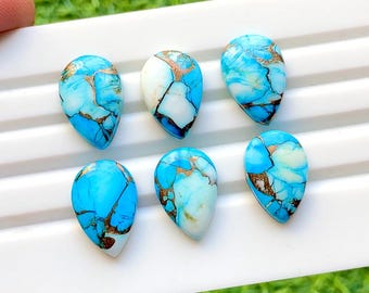 NEW Blue Copper Turquoise 18x12 MM Pear Shape Calibrated Smooth Cabochon With Flat Back Gemstone 6 Pieces Lot For Handmade Jewelry