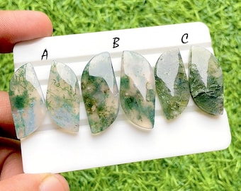 Moss Agate Pair Cabochon Loose Gemstone For Jewelry Making, AAA+ Natural Moss Agate Matching Pair Gemstone For Wire Wrap - 35073-35075