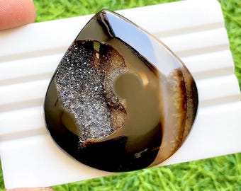 Natural Druzy Agate Loose Cabochon, Size : 55x51x7 MM, Sparkling Crystal Center Pear Shape Gemstone, Agate Statement Jewelry Stone - 37837